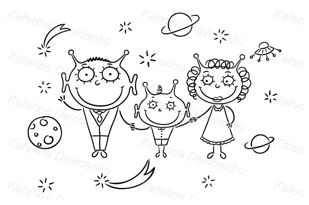 Cute Alien Family in Space – Cartoon Galaxy Illustration for Kids