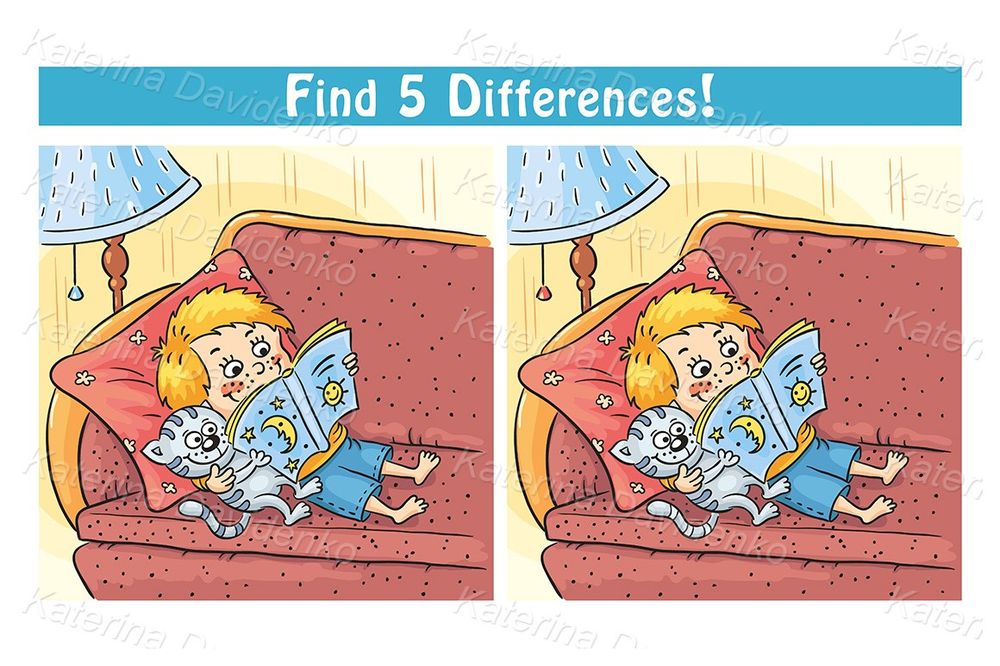 Find differences game with a cartoon boy reading a book illustration