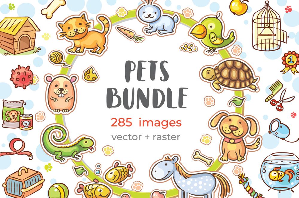 Hand drawn cartoon pets bundle vector illustration clipart set
