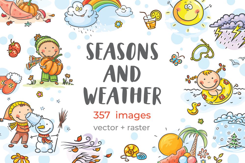 cartoon seasons and weather vector image set. Hand drawn clipart bundle