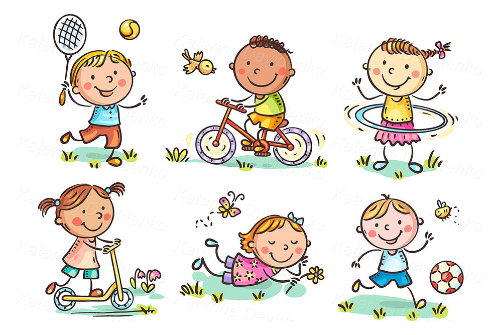 Children playing clipart. Set of cartoon kids outdoors summer activities, games and sports clip art