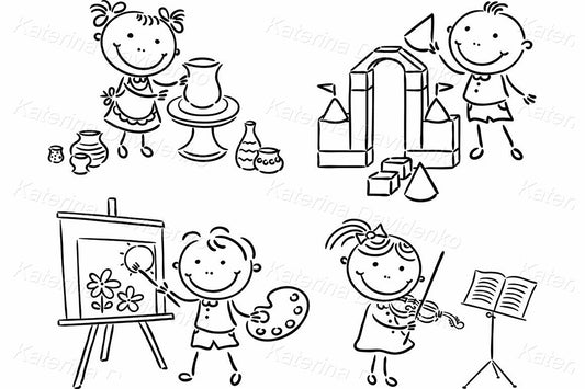 Stick figure kids creative activities clipart set
