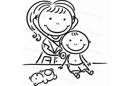 Smiling female doctor examining toddler. Stick figure characters