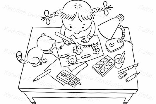 Little girl drawing a picture, black and white