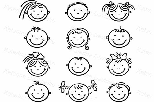 Simple kids face clipart set, line art