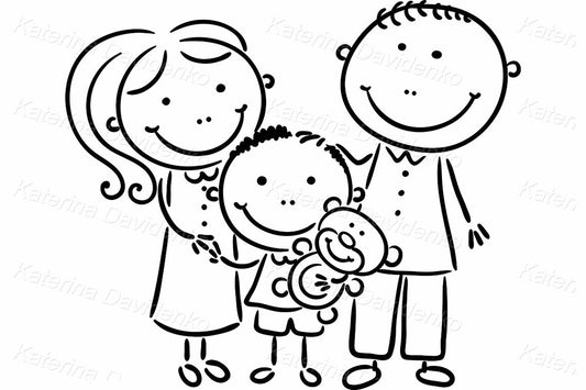 Cute toddler with parents and teddy bear. Doodle family portrait. Stick figure