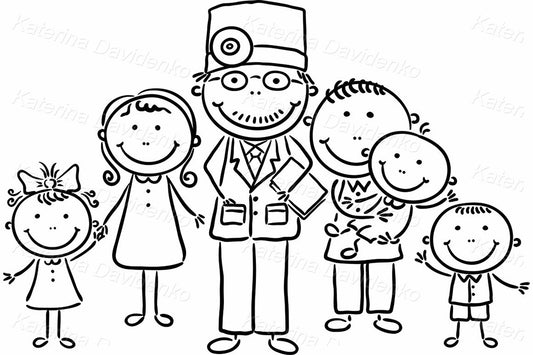 Doodle family with children and doctor in stick figure style