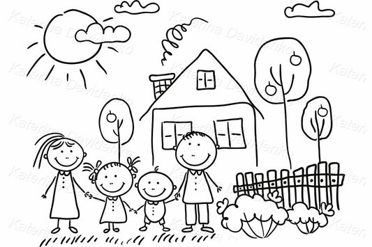 Doodle stick figure family in front of house