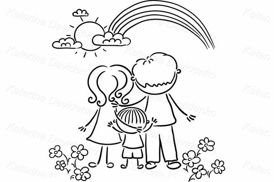 Simple line art of parents with child watching rainbow and sun