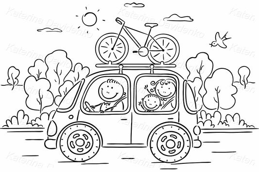 Black and white cartoon of family in car