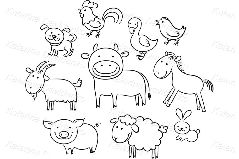 black and white doodles of farm animals clipart set
