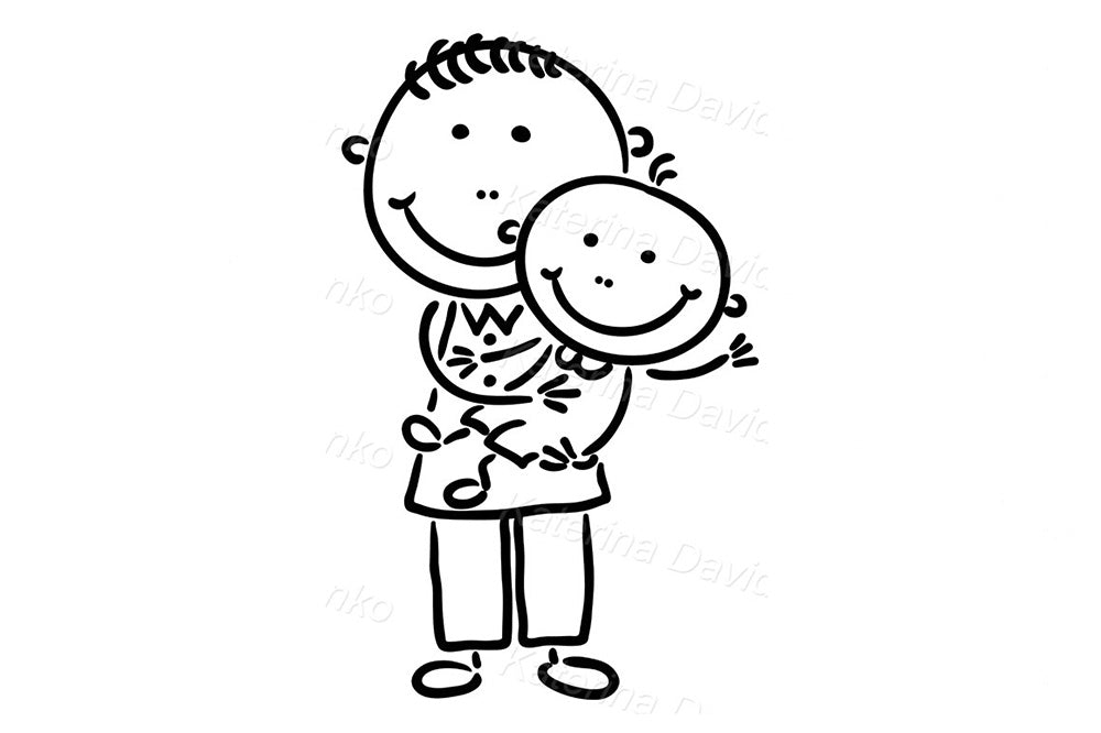 Dad and Baby Stick Figure – Black and White Outline Art
