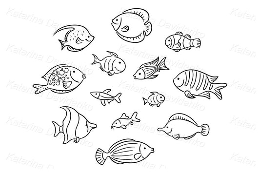 Cute sea fish doodles in black and white