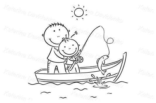 Stick figure father and son fishing, parenting clipart