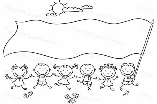 Doodle kids with big flag banner. Stick figure cartoon clipart