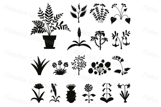 Black Silhouette Plants and Flowers – Botanical Clipart Set