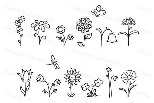 Black and White Flower Outline Botanical Clipart Set
