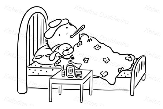 Sick Child in Bed. Black and White Flu Clipart for Kids