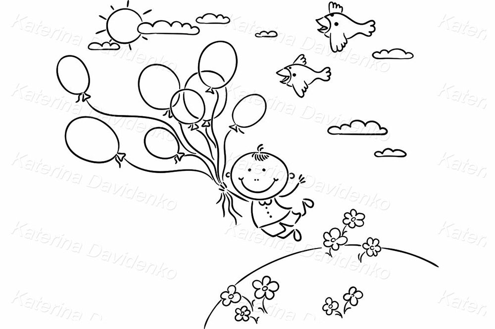Flying with Balloons. Black and White Cartoon Illustration for Kids