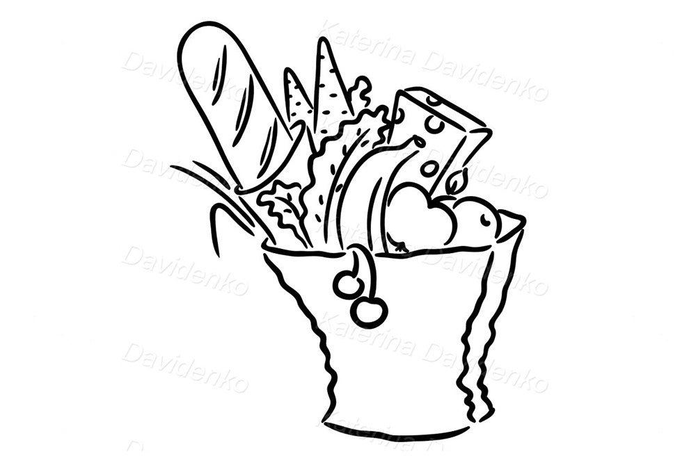 Grocery Bag Clipart – Black and White Kid with Food Illustration