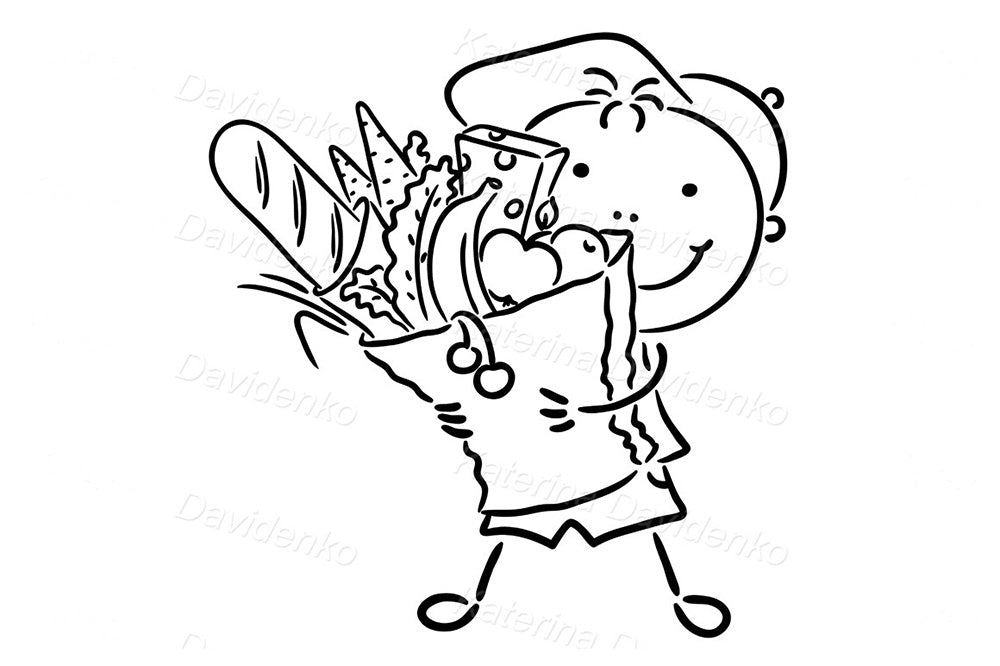 Boy holding grocery bag with bread, fruits, cheese and veggies. Cute black and white cartoon clipart