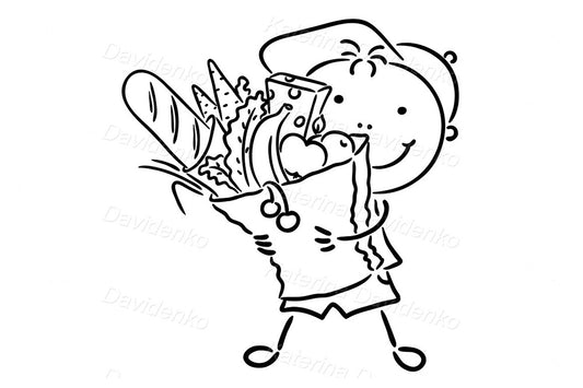Boy holding grocery bag with bread, fruits, cheese and veggies. Cute black and white cartoon clipart