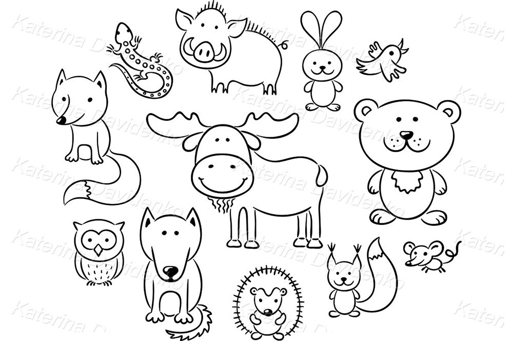 Forest Animals Clipart – Black and White Woodland Doodle Set