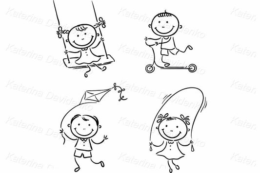 Doodle kids outdoors activities clipart set