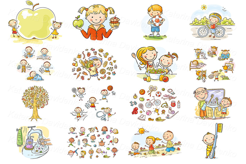 Healthy lifestyle kids clipart bundle – 308 vector images for lesson plans, sport, PE and food education