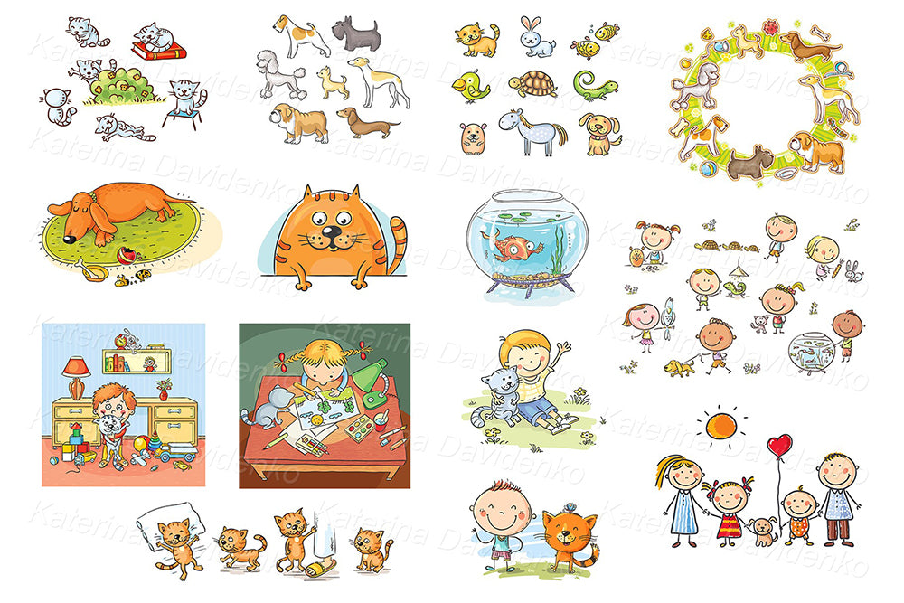 Pet clipart bundle – 285 cartoon animal illustrations for kids projects, decor, and crafting