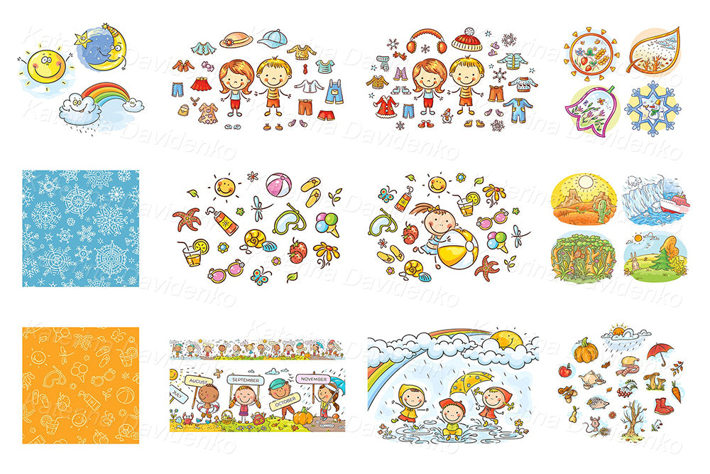 Seasons and weather clipart bundle – 357 vector and raster cartoon images for planners, crafts, decor