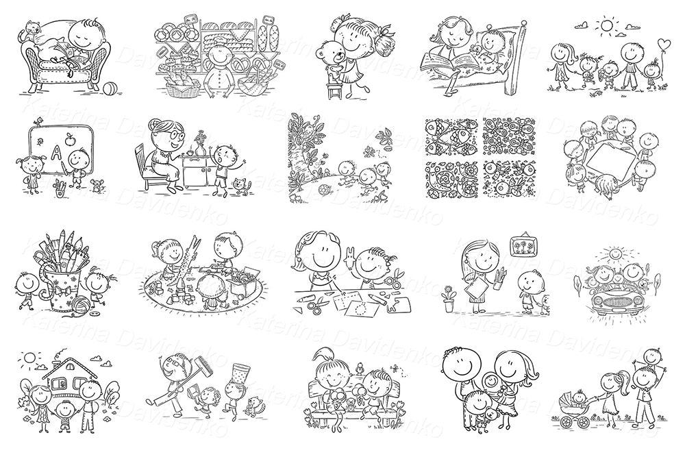 Black and white bundle of kids and family sketches – outline clipart set for learning and crafts