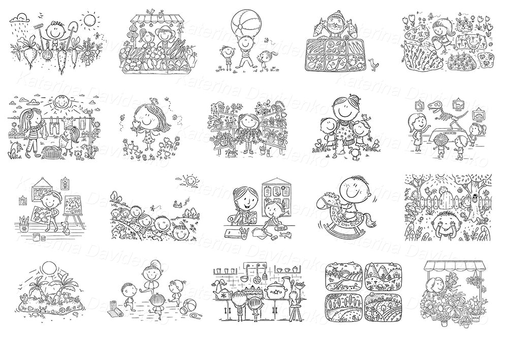Black and white bundle of kids and family sketches – outline clipart set for learning and crafts