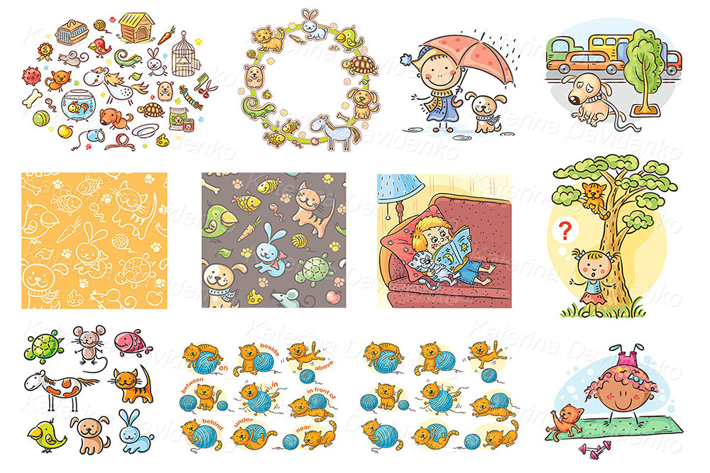Pet clipart bundle – 285 cartoon animal illustrations for kids projects, decor, and crafting