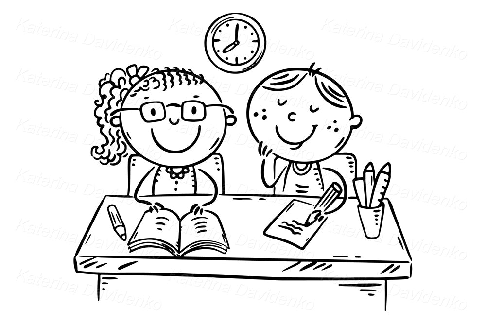 Two Kids at School Desk Clipart – Cute Learning Illustration