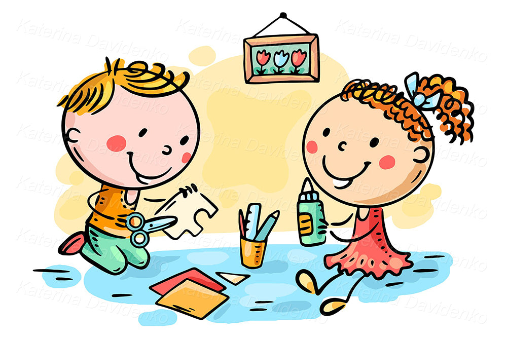 Cartoon kids crafting together. Preschool clipart