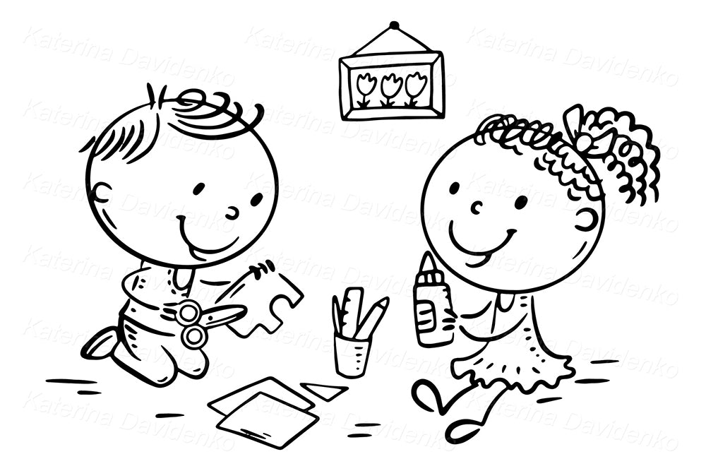 Two Kids Crafting Together Clipart – Preschool Cartoon Illustration