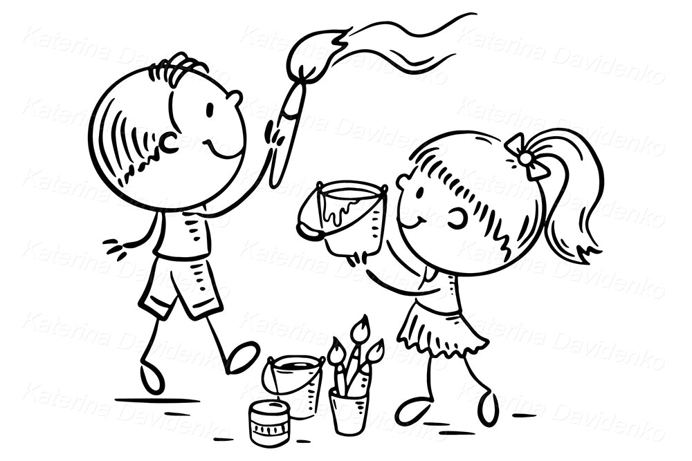 Cute Kids Painting Clipart – Creative Cartoon Illustration
