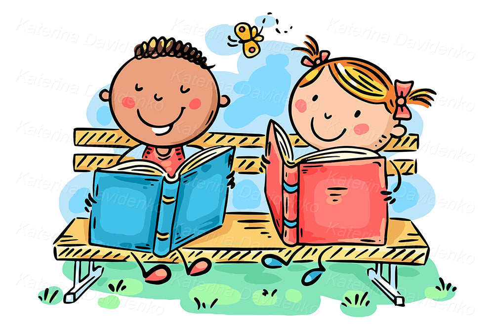 Happy cartoon kids reading books. Children vector illustration