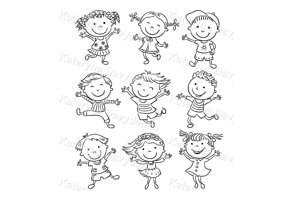 Black and white line art set of children dancing