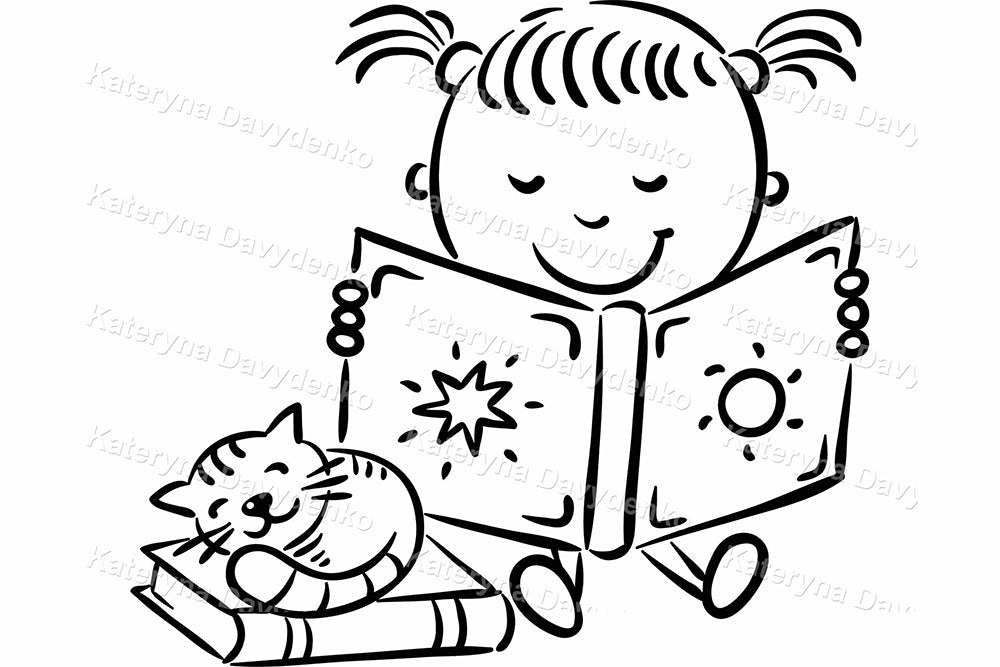 Girl Daily Routine. Line Art Kids Activities Clipart Set