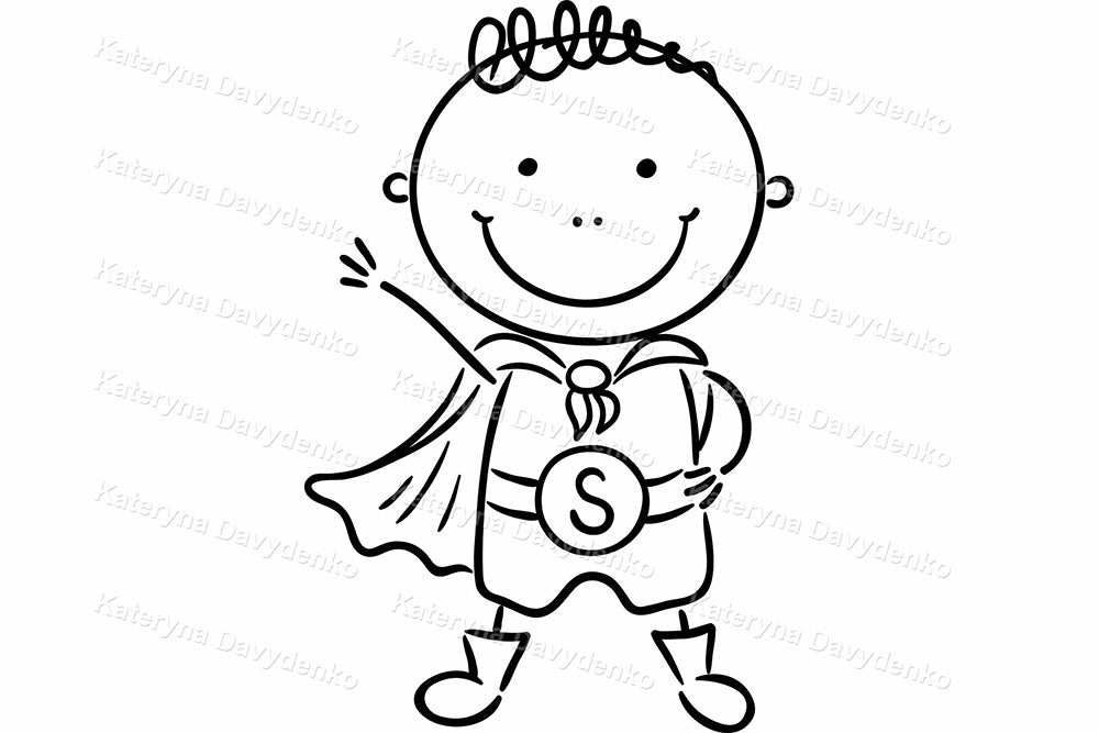 Cute kids superheroes clipart. Doodle line art set