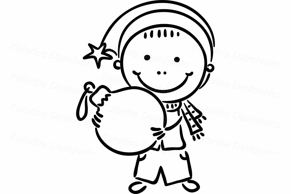 Christmas Kids with Ornaments – Black and White Clipart Set