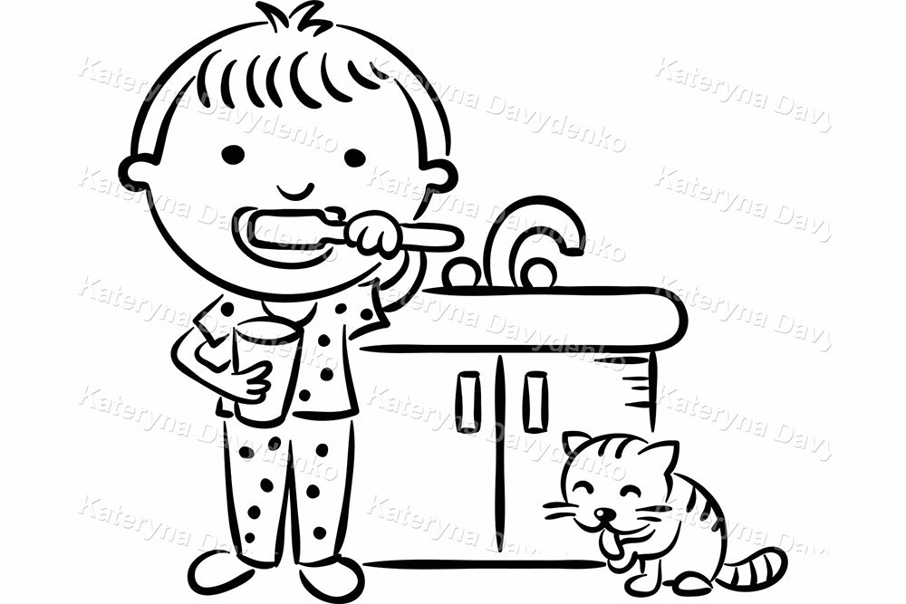 Boy Daily Routine. Black and White Kids Activity Clipart