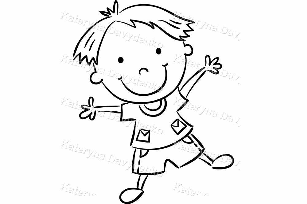Set of Happy Kids Dancing and Jumping. Isolated Outline Characters