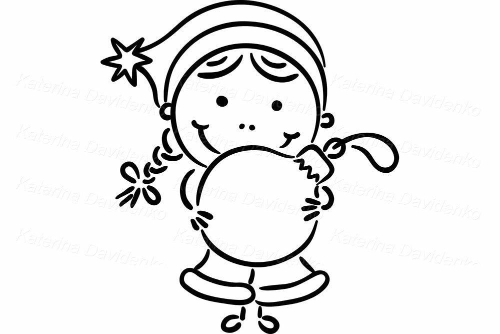 Christmas Kids with Ornaments – Black and White Clipart Set