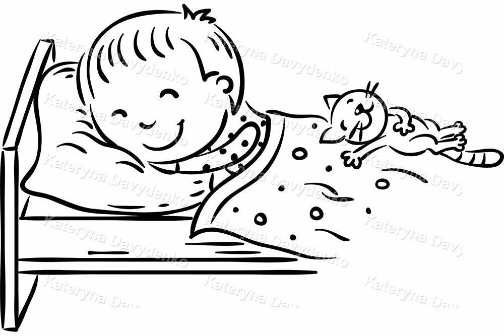 Boy Daily Routine. Black and White Kids Activity Clipart