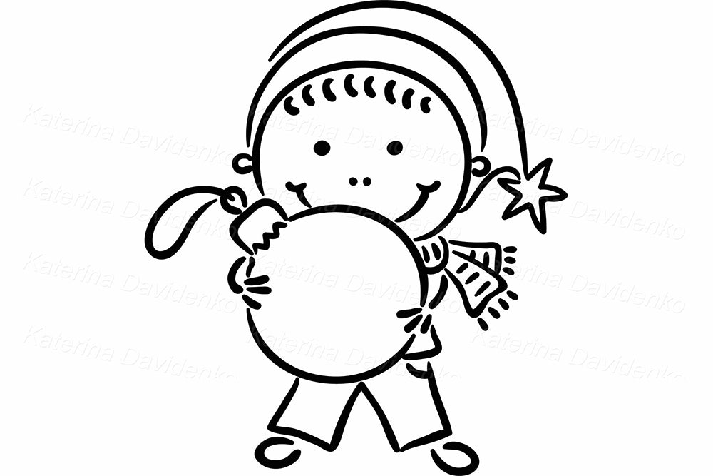 Christmas Kids with Ornaments – Black and White Clipart Set