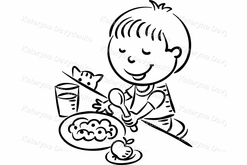 Boy Daily Routine. Black and White Kids Activity Clipart