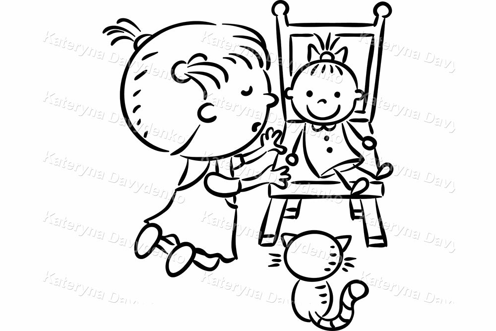 Girl Daily Routine. Line Art Kids Activities Clipart Set